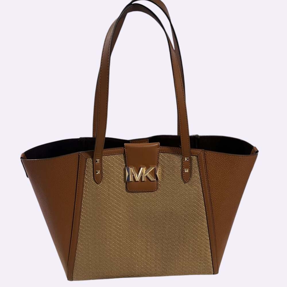 Michael Kors Karlie Large Straw and Pebbled Leather Tote Bag Brown